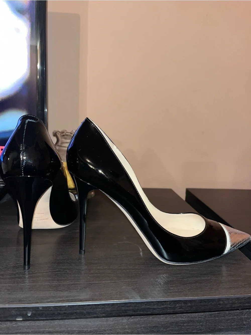 Jimmy Choo Black Patent Pointed Toe Pumps with Silver Metallic Cap - Picture 2 of 8